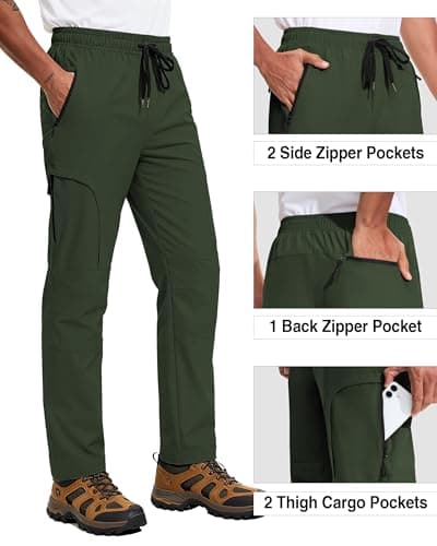 AGVNG Hiking Pants Men Cargo Pants 5 Pockets Waterproof Lightweight Quick Dry UPF 50+ Elastic Waist Drawstring Cuff Joggers Work Casual Golf Outdoor Fishing Army Green M - Thumbnail 5