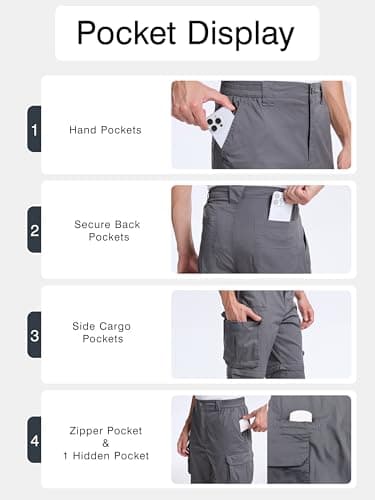 NATUVENIX Hiking Pants Men Quick Dry Convertible Fishing Pants for Men Zip Off Lightweight Mens Cargo Pants Outdoor Travel Grey - Thumbnail 4
