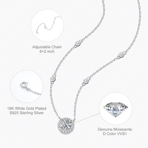 Moissanite Halo Pendant Necklace for Women, 18K Gold Plated 925 Sterling Silver, 1-3CT Lab-Created Diamond D Color VVS1 Round, Hypoallergenic Moissanite Pendant Necklace, Valentines Anniversary Jewelry for Wife (Round Halo, 18K White Gold Plated S925, 1CT) - Thumbnail 5