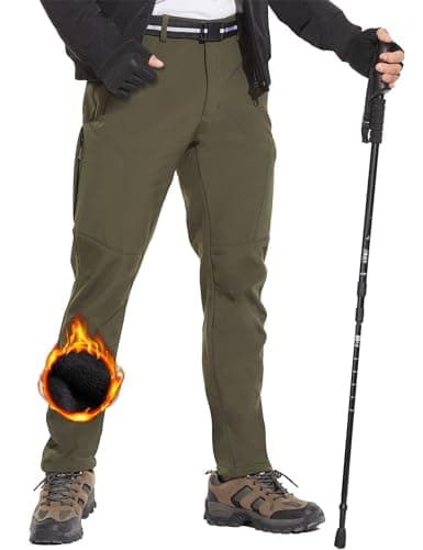 MOURCE Fleece Lined Mens Hiking Pants Zip Pockets, Winter Snow Pants Men Water Resistant, Army Green M