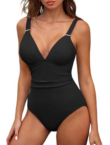 ZAFUL Womens Sexy V Neck One Piece Swimsuit Ruched Tummy Control Bathing Suit Backless Slimming Monokini (Black, Medium) - Image 1