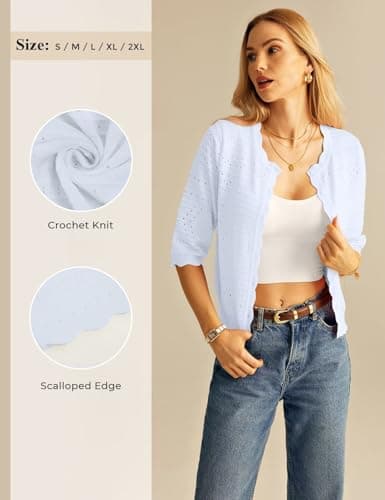 GRACE KARIN Womens Short Sleeve Cardigan Sweater, Lightweight Cotton Cardigan Trendy, Open Front Bolero Shrugs for Dress White - Thumbnail 3