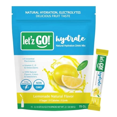 Let'z Go! Hydrate- Natural Hydration + Electrolyte Drink Mix- Hydration + Electrolytes + Antioxidant Powder Packets, Natural Flavors, Vitamins C + D | No Sugar | No Calories | (15 Count) Lemonade