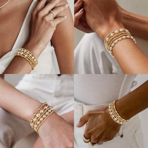 adoyi Gold Bracelets for Women, 14K Gold Plated Beaded Bracelets Stack Trendy Stackable Bracelet Set Strand Stretch Pearl Ball Bracelet Bracelet Set Jewelry for Gifts Set for Women Gift 6.8 inches - Thumbnail 4