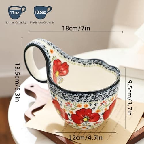 ALMA 2026 Updated Soup Bowls With Loop Handles Microwave & Oven Safe, 18oz Handpainted Flower Soup Mug for Women, Decorative Ceramic Cereal Bowls For Soup,Fruits,Stew,Ice cream,Snack-Red Lily Theme - Thumbnail 6