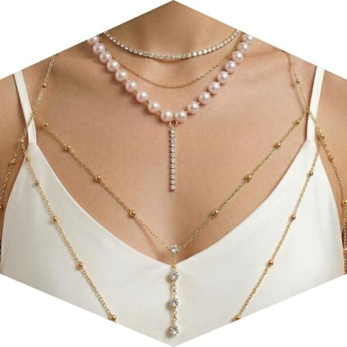 SelfGleam 4-in-1 Integrated 14k Gold sexy Body Chain for Women, No-Tangle Layered Necklaces Set with Zircon & Pearl, 14K Plated Pre-Layered Bikini Harness for Festival Rave Outfit - Image 1