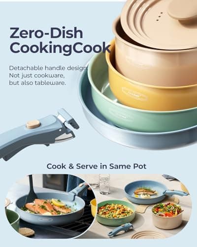 Stackbear Ceramic Cookware Set, Detachable Handle Pots and Pans Non Stick, 12-Piece Camping Cooking Set Nonstick with Storage Bag, Anti-Scratch Pads, PFOA Free, RV Camping Essentials - Thumbnail 6