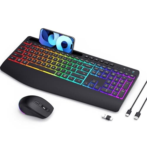 LIZRROT Wireless Keyboard and Mouse Combo - RGB Backlit, 2.4G 2200mAh Rechargeable, Ergonomic Rest, Phone Holder, Sleep Mode, Silent Full-Size Compuer Keyboards with Windows, Mac, PC, Laptop, Black - Image 1