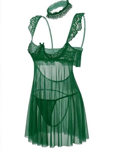Avidlove Women Sexy Lingerie Lace Underwire Lingerie Set V Neck Sexy Push Up Babydoll Dress Green XXL - Thumbnail 3