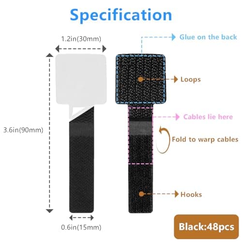 48Pcs Upgraded Under Desk Cable Management Ties - Self Adhesive Sticky Back Hook and Loop Straps, Cable Wire Organizers for Home Office - Thumbnail 3