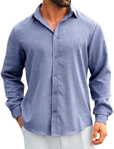 MAPICK Mens Linen Shirts Long Sleeve Mens Denim Shirt Casual Stylish Button Down Chambray Shirts(A-Denim Blue,Small) - Image 1