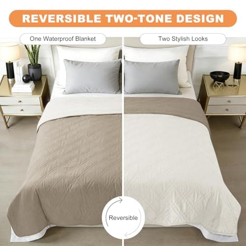 Vmeyiek 100% Waterproof Dog Bed Cover Pet Blanket 68"x82", 7-Layer Reversible Washable Bed Mat for Furniture Couch Sofa Car (Khaki+Off White) - Thumbnail 3