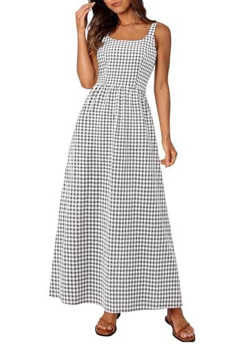 PRETTYGARDEN Women's 2026 Summer Spaghetti Strap Maxi Dresses Plaid Square Neck A Line Casual Beach Vacation Long Sundress (Grey,X-Large) - Image 1