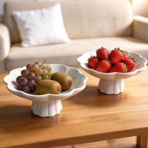ISTOOLL Ceramic Fruit Bowl, 8 Inch White Decorative Bowl for Home Or Table Decor, Pedestal Design, for Kitchen Counter, Bread Candy Snacks Organizer, Seasonal Centerpieces - Thumbnail 5