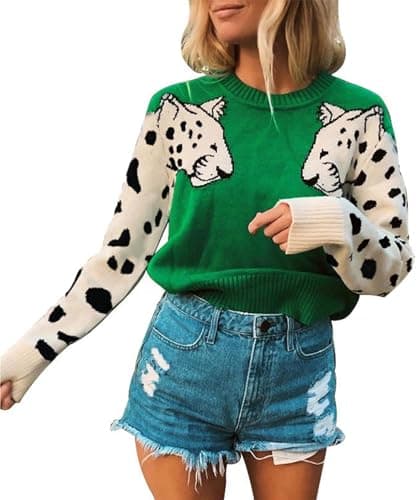 Angashion Women's Sweaters Casual Floral Printed Patchwork Long Sleeves Knitted Pullover Cropped Sweater Tops 367 Green S - Image 1