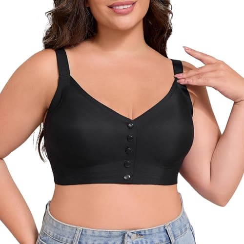 MOWOC Front Snap Closure Bras for Older Women Wireless Plus Size Bra with Adjustable Shoulder Straps Full Coverage (US, Alpha, XX-Large, Plus, Regular, Black)