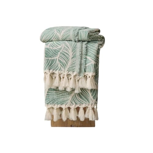 DOWN HOME Chenille Cotton Throw Blanket for Couch, Lightweight Boho Blanket for Bed Sofa Chair Living Room Outdoor Soft Woven Decorative Blanket with Tassel Gift Green Leaves 55"x60"