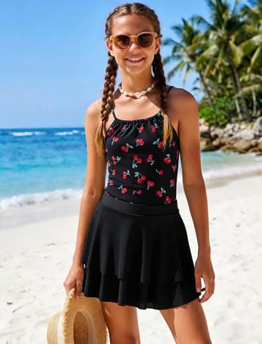 Seanrui Girls Kids Swimsuit One Piece Tankini Swimsuits Bathing Suit Swimwear Size 6 with Skirt Black Cherry - Thumbnail 6