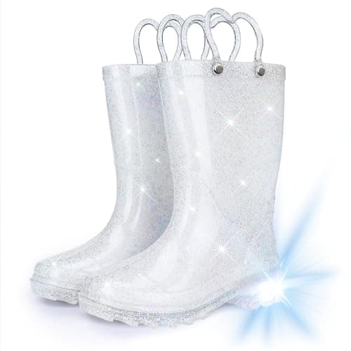 Funspread Toddler Rain Boots - Glitter Light Up Kids Rain Boots with Easy-On Handles, Lightweight Waterproof Rain Shoes Glitter White Size 5 - Image 1