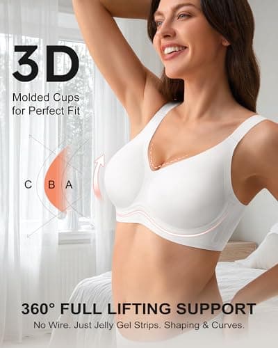 leviace Wireless Jelly Bras for Women with Support - Anti-Slip Wide Straps Push Up Full Coverage Plunge Seamless Padded T-Shirt Bralette No Underwire Soft Invisible Back Smoothing Sleep Bra, White, S - Thumbnail 3