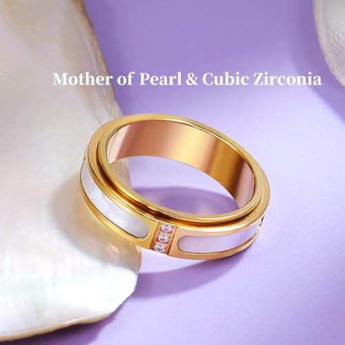 YellovEvey Fidget Spinner Ring for Women - 18K Gold Plated Stainless Steel with Mother of Pearl Shell & Cubic Zirconia, Anxiety Relief Spinning Jewelry Gift for Birthday Wedding Engagement Anniversary - Thumbnail 4