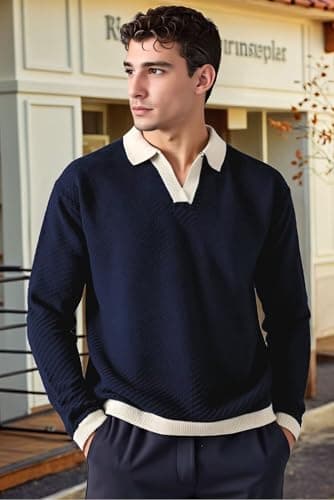 BAYAMO Mens Polo Sweater V Neck Long Sleeve Pullover Sweater Casual Knit Textured Sweater Navy M - Thumbnail 4