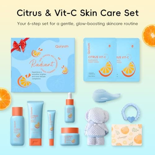 QUIYUM Citrus & Vit-C Glow Up Skin Care Set - 6-Step Daily Routine with Cleanser, Toner, Serum, Eye Cream, Moisturizer & Face Mask, Facial Gift Set for Women Preteens Girls, for Fresh Radiant Skin - Thumbnail 2