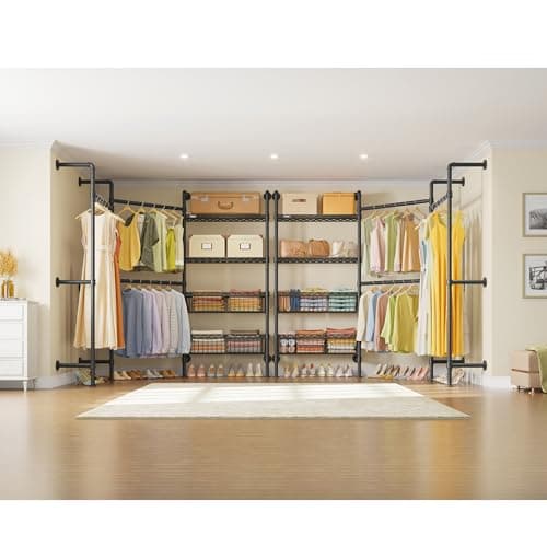Timate X3 Expandable Heavy Duty Clothes Rack Wall Mounted Clothing Rack for Hanging Clothes, Industrial Pipe Closet System for Walk in Closet Kit Wall Mount Clothes Rack with Basket, Black Wall Closet - Thumbnail 4