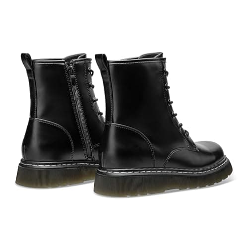 Athlefit Women's Lace-Up Combat Boots Fashion Casual Low Platform Lug Sole Ankle Booties with Side Zipper for Daily Wear,Black Smooth,Size 6,AD01863 - Thumbnail 5