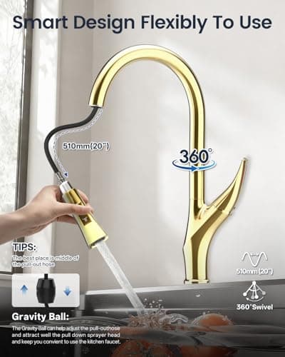 Kitchen Faucet with Pull Down Sprayer, Brass Faucet for Kitchen Sink, Bar Faucet with Ceramic Cartridge,Kitchen Sink for for RV, Bar, Farmhouse, Laundry, Outdoor (Standard, Brushed Zircon Gold) - Thumbnail 4