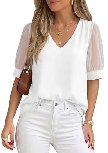 PRETTYGARDEN Womens Tops Dressy Casual Puff Sleeve Chiffon Blouses V Neck Business Work Shirts 2026 Summer Fashion Clothing (White,Small) - Image 1