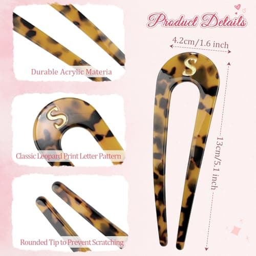 2 PCS Personalized Initial French Hair Pin for Women 5.1 Inch, Monogram Tortoise Shell Acetate U Shaped Hair Fork 2 Prong Chignon Pin Hair Accessories Birthday Gifts - Thumbnail 2