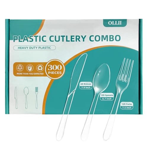 OLLII Plastic Silverware 300 Count Heavy Duty Disposable Clear Cutlery Set 120 Forks 120 Spoons 60 Knives for Parties Picnics Wedding Events Gatherings Daily - Image 1