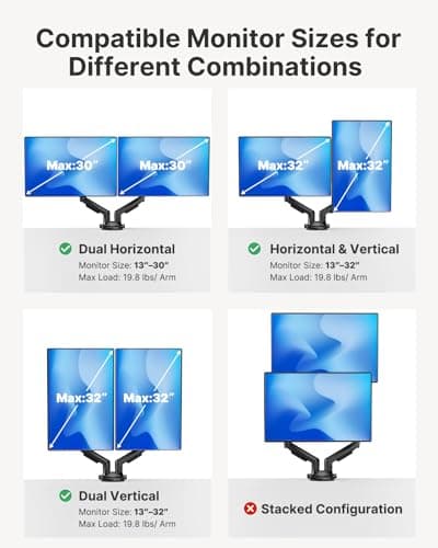 HUANUO FlowLift™ Dual Monitor Stand, Fully Adjustable Gaming Monitor Desk Mount for 13–32″ Computer Screens, Full Motion VESA 75x75/100x100 with C-Clamp & Grommet Base, Each Arm Holds 4.4 to 19.8 lbs - Thumbnail 6