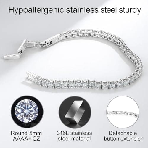 Tennis Bracelet for Women Men, 14K Gold Plated Round 5mm AAAA+ Cubic Zirconia CZ Dainty Classic Adjustable Stainless Steel Bracelets Festival Wedding Jewelry Gift (Steel, CZ 5mm) - Thumbnail 4