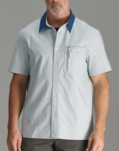 CHRONOLINE Men's Short Sleeve Button Up Shirt with Pocket Cotton Contrast Collar Spring Summer Outdoor Work Shirt for Men, Ice Blue, S - Thumbnail 4
