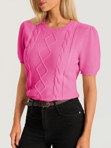 Cicy Bell Womens Puff Short Sleeve Sweater Tops Cable Knit Crew Neck 2026 Spring Shirts Lightweight Dressy Casual Sweaters Rose Red - Thumbnail 4