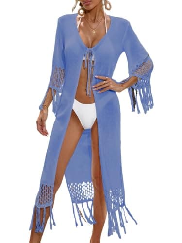 BreathSunny Womens Crochet Knit Swimsuit Coverup Long Cardigan Summer 2026 Tie Open Front Tassel Hollow Out Long Sleeve Mesh Swimwear Beach Swim Bikini Bathing Suit Cover Up Kimono Light Blue M - Image 1