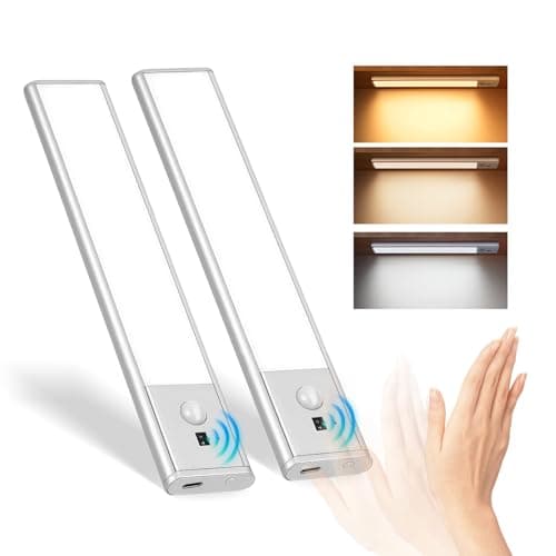 Rechargeable Under Cabinet Lights, 9 Inch Motion Sensor LED Light Bars with Hand Wave Control, 3 Color Temps & Dimming, Magnetic Wireless Closet Lights for Kitchen, Pantry, Wardrobe, Stairs, 2 Pack