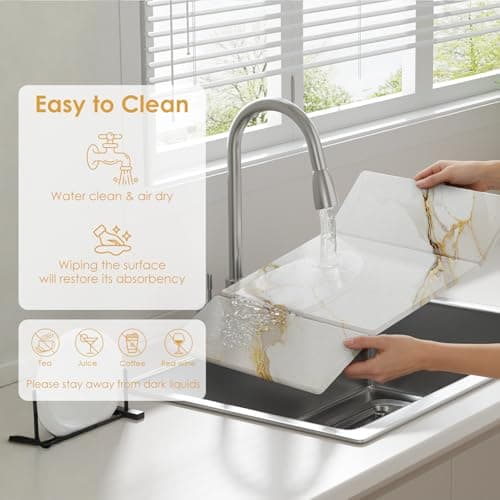 3-Piece Stone Dish Drying Mat Set for Kitchen Counter - Ultra-Absorbent Diatomaceous Earth Tray with Sink Faucet Protector - Quick Dry Minimalist Countertop Organizer for Dishes, Bottles & Cups - Thumbnail 4
