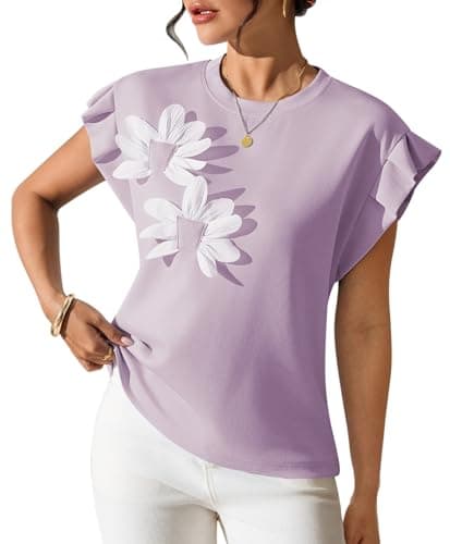 Pink Queen Womens Ruffle Short Sleeve Shirts Casual Round Neck Floral Tops Spring 2026 Purple XL - Image 1