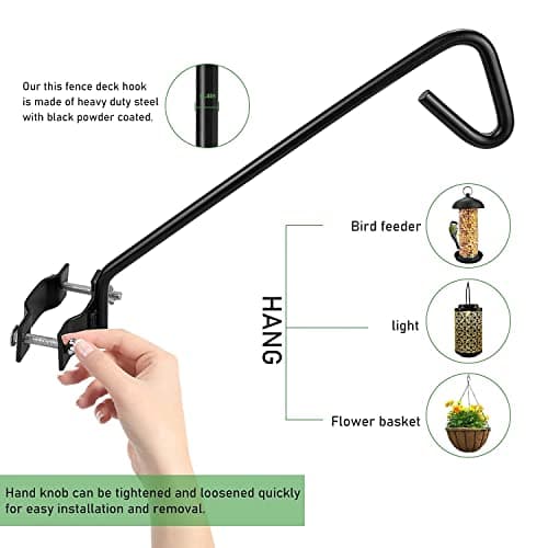 2 Packs 11 Inch Fence Deck Hook Rail Hanging Mounting Kit Heavy Duty Bird Feeder Hook Decorative Hanger for Bird Feeders Planters Suet Baskets Lanterns on Balcony Porch Railing Fence - Thumbnail 4