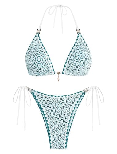 ZAFUL Womens 2 Piece Triangle Bikini Hollow Out Halter Bikini Sets Sexy Bathing Suit High Waisted Side Tie Swimsuits 1-Green L - Image 1