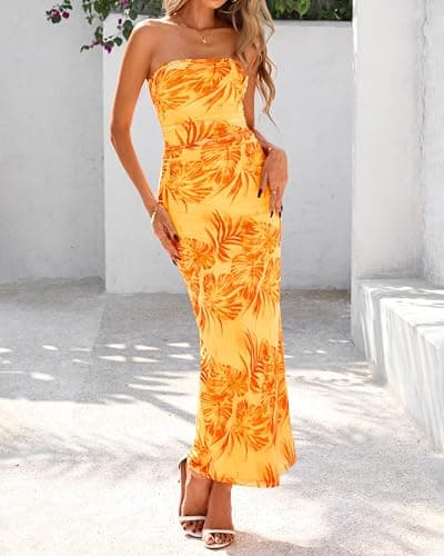 BTFBM Women Summer Strapless Maxi Dress 2026 Bodycon Floral Long Wedding Guest Dress Formal Tube Mesh Cocktail Dresses(Leaves Yellow, Medium) - Thumbnail 5