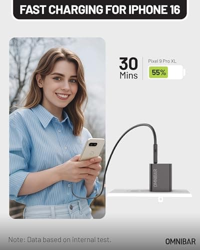 Omnibar 30W USB C Charger, GaN Compact Type C Charger Fast Charging Block, PD 3.0 PPS USB C Wall Charger Power Adapter for iPhone 17 16 15 Pro Max, Galaxy S26 S25 S24 Ultra (30W (with Cable)) - Thumbnail 2