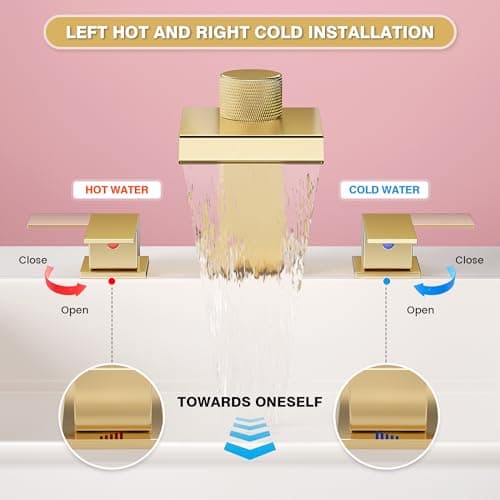 Brushed Gold Bathroom Faucet 3 Hole, 8 Inch Widespread Waterfall Bathroom Sink Faucet with Filter, Includes Metal Pop-Up Drain and Supply Hoses, Perfect for Vanity, Restroom, Sink, Rv - Thumbnail 5