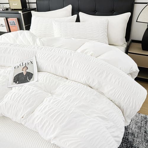 DCSKY White Duvet Cover Queen Size, Ultra Soft 3-Piece Boho Seersucker Duvet Cover Set with Zipper Closure, Soft Washed Microfiber Bedding Set (90"x90", 2 Pillowshams) - Thumbnail 6