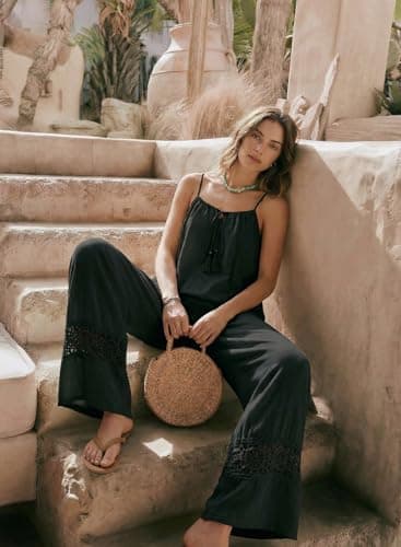 Dokotoo Matching Sets Women Clothing Summer Casual Spaghetti Strap Tank Tops and Wide Leg Lace Pants Set with Pockets Going Out Resort Wear Black X-Large - Thumbnail 4