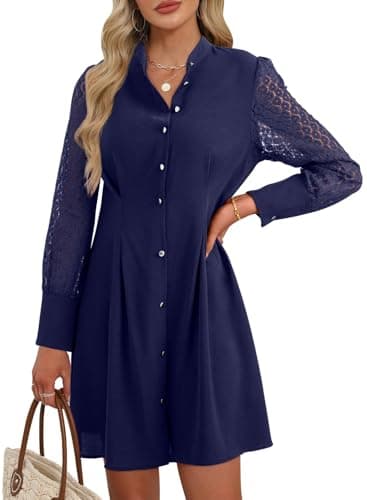 Happy Sailed Dresses for Women 2025 Elegant Classy Fall Winter Crewneck Lace Long Sleeve Button Slim A Line Mini Dress Navy Blue Large - Image 1