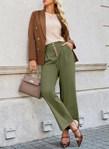 Dokotoo Lounge Sweatpants Women Elastic High Waisted Wide Leg Pants Buttoned Waffle Knit Casual Trousers with Pockets Green Large - Thumbnail 4